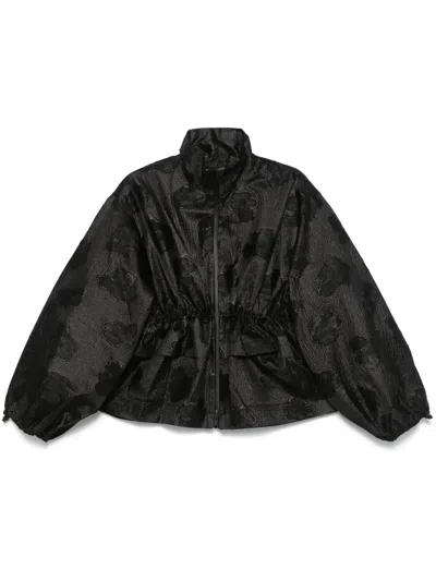 Cecilie Bahnsen Waist Drawstring Floral High Collar Textured Jacket In Black