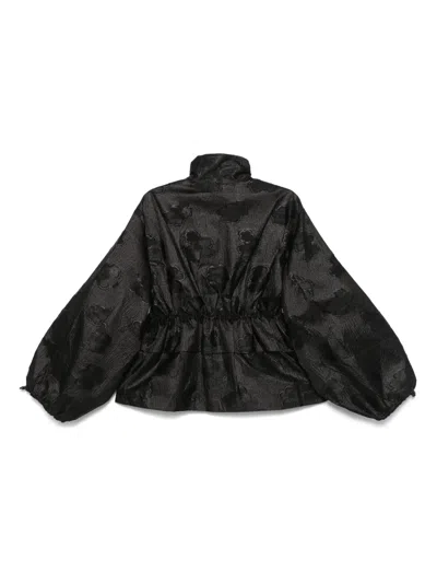 Cecilie Bahnsen Waist Drawstring Floral High Collar Textured Jacket In Black