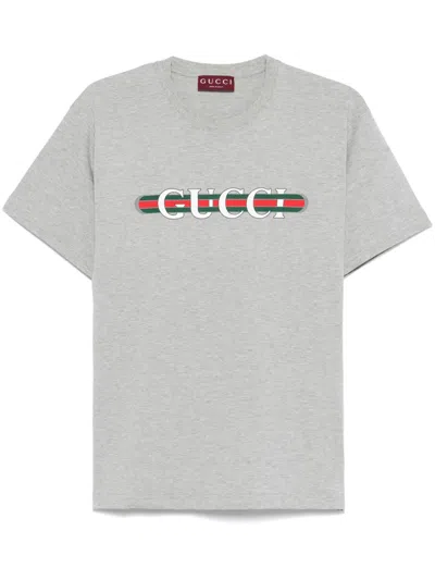 Gucci Grey Crewneck T-shirt With Logo Lettering And Web Detail On The Front In Cotton Woman In Grey