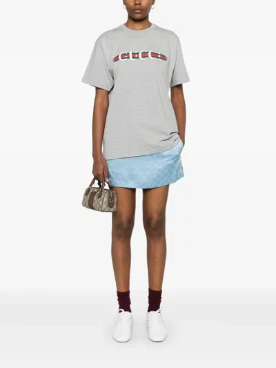 Gucci Grey Crewneck T-shirt With Logo Lettering And Web Detail On The Front In Cotton Woman In Grey