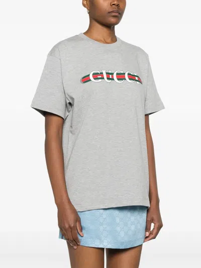 Gucci Grey Crewneck T-shirt With Logo Lettering And Web Detail On The Front In Cotton Woman In Grey