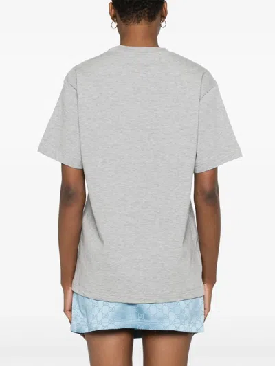 Gucci Grey Crewneck T-shirt With Logo Lettering And Web Detail On The Front In Cotton Woman In Grey
