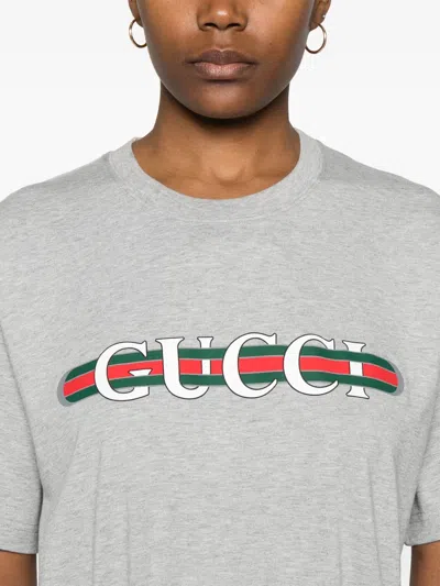 Gucci Grey Crewneck T-shirt With Logo Lettering And Web Detail On The Front In Cotton Woman In Grey