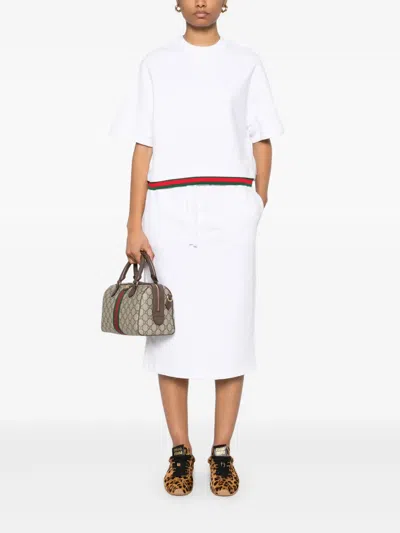 Gucci White Skirt With Web Detail On The Waist And Logo Lettering Embroidery On The Front In Cotton Woman
