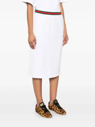 Gucci White Skirt With Web Detail On The Waist And Logo Lettering Embroidery On The Front In Cotton Woman