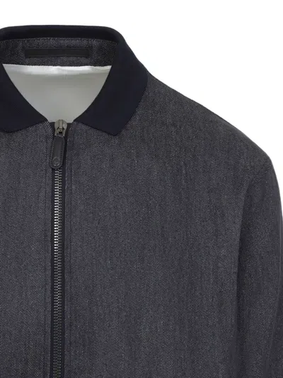 Giorgio Armani Linen Zip-up Bomber Jacket In Blue