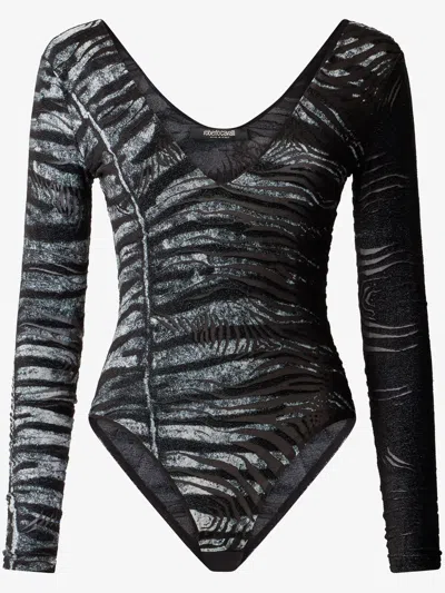 Roberto Cavalli Body Suit With Zebra And Tiger Skin Pattern In Black