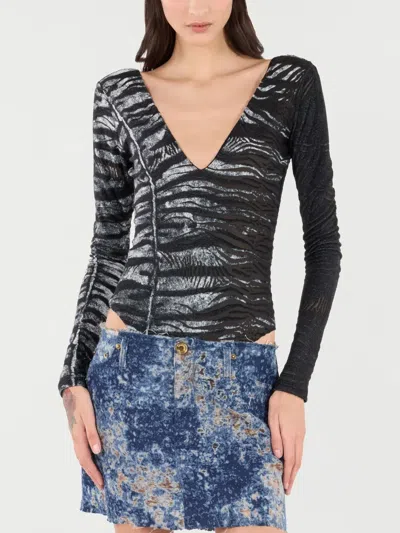 Roberto Cavalli Body Suit With Zebra And Tiger Skin Pattern In Black