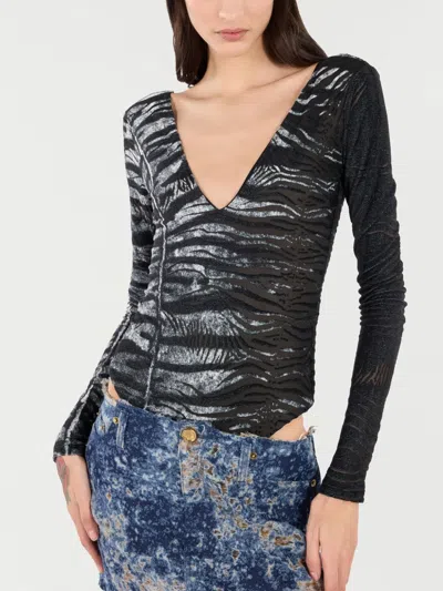 Roberto Cavalli Body Suit With Zebra And Tiger Skin Pattern In Black
