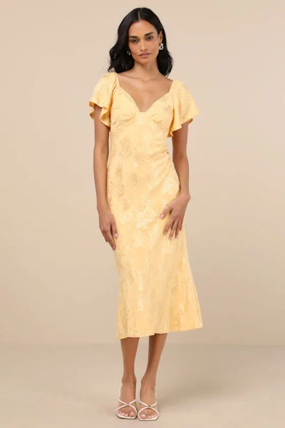 Lulus Effervescent Afternoon Yellow Satin Flutter Sleeve Midi Dress In Yellow