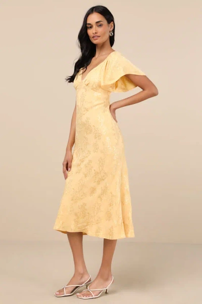 Lulus Effervescent Afternoon Yellow Satin Flutter Sleeve Midi Dress In Yellow