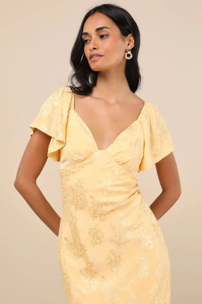 Lulus Effervescent Afternoon Yellow Satin Flutter Sleeve Midi Dress In Yellow