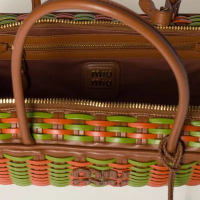 Miu Miu Beau Leather Bag In Cognac/fern Green/copper