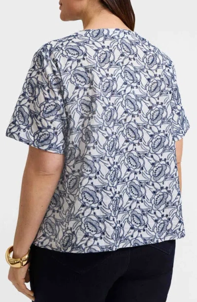 Foxcroft Isabel Floral Embroidered Cotton Button-up Top In White/navy