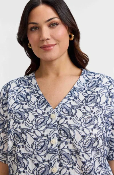 Foxcroft Isabel Floral Embroidered Cotton Button-up Top In White/navy
