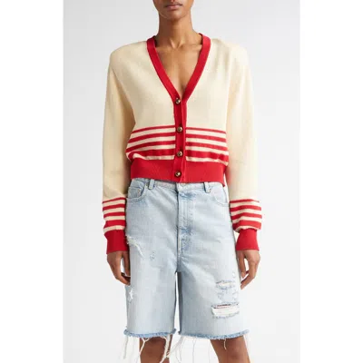 Golden Goose Beige Cardigan With Red Stripes In Shortbread/haute Red