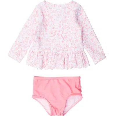 Rufflebutts Girls Upf50+ Sun Protected Scallop Hem Long Sleeve Rash Guard Bikini In By The Seaside