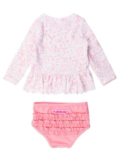Rufflebutts Girls Upf50+ Sun Protected Scallop Hem Long Sleeve Rash Guard Bikini In By The Seaside