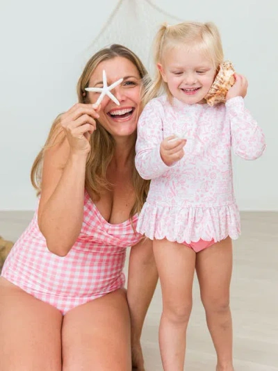 Rufflebutts Girls Upf50+ Sun Protected Scallop Hem Long Sleeve Rash Guard Bikini In By The Seaside