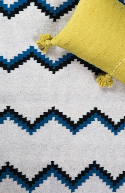Archive New York Zapotec Blue And Black Zig Zag Handwoven Flatweave Wool Rug In Blue