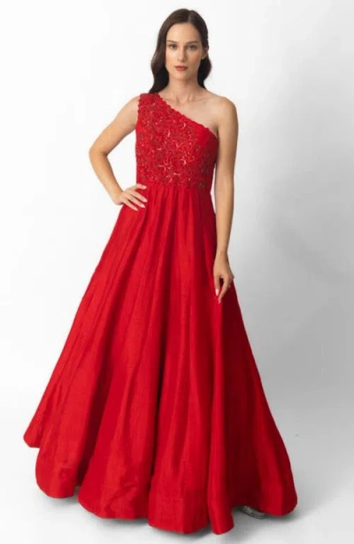 Raas Kia Raw Silk One Shoulder Gown In Red