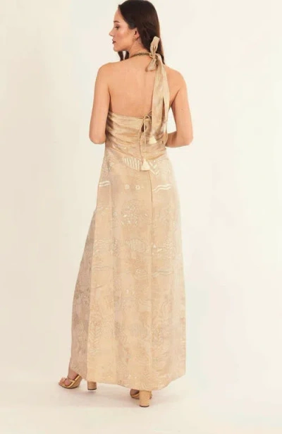 Raas Athena Halter Gown With Slit In Tan