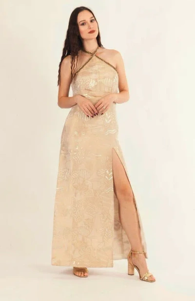 Raas Athena Halter Gown With Slit In Tan
