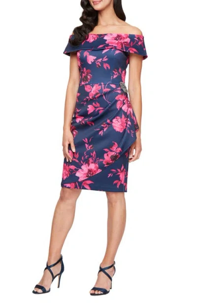 Alex Evenings Floral Off The Shoulder Stretch Scuba Crepe Cocktail Dress In Navy/fushia
