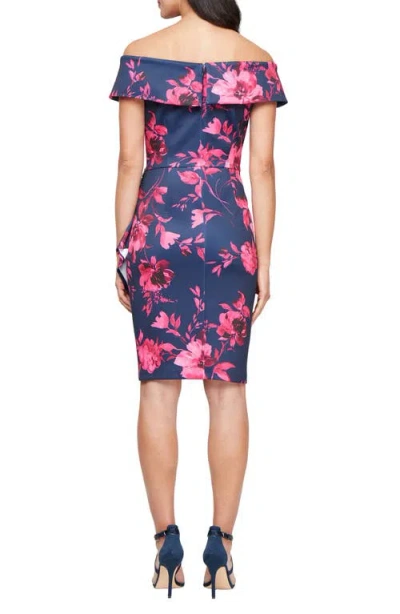 Alex Evenings Floral Off The Shoulder Stretch Scuba Crepe Cocktail Dress In Navy/fushia