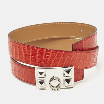 Pre-owned Hermes Geranium Crocodile Porosus Collier De Chien Reversible Belt 85 Cm In Red