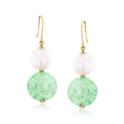 Ross-simons Carved Jade And 10-11mm Cultured Pearl Drop Earrings In 14kt Yellow Gold In Yellow