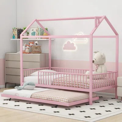 Streamdale Furniture Streamdale Twin Size Metal House Bed With Fence, With Trundle