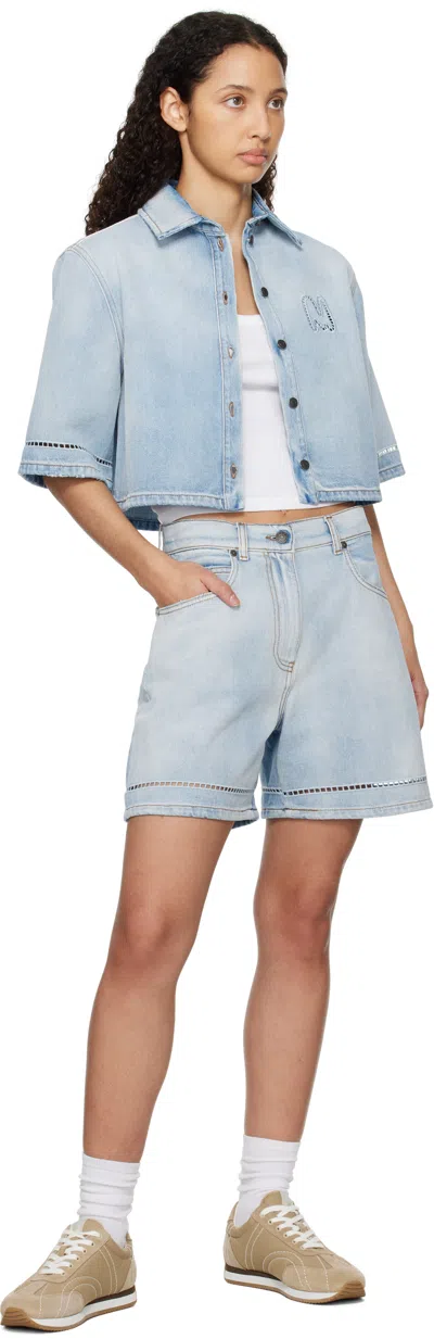 Msgm Light Blue Bermuda Shorts With Pocket Logo And Perforated Details In 85 Light Blue