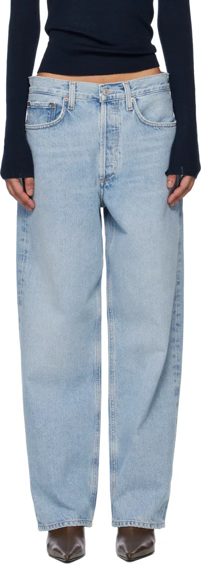 Agolde Blue Jeans With Wide Leg And Logo Patch On The Rear In Replica (clean Wshed