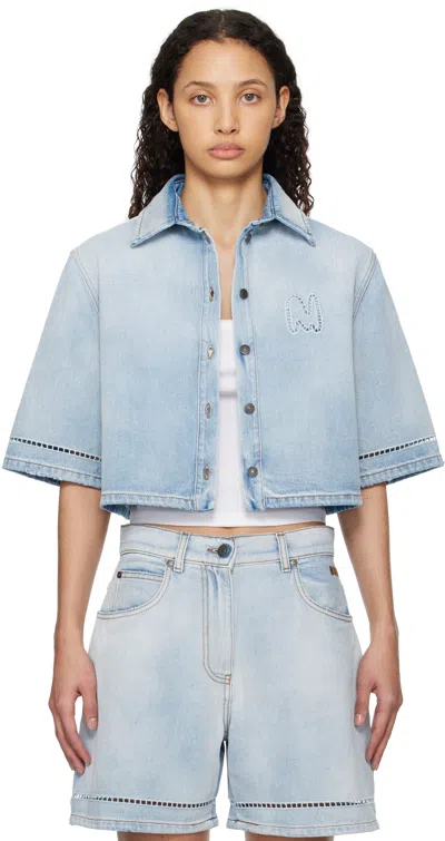 Msgm Light Blue Crop Shirt With Logo On The Front And Perforated Details In 85 Light Blue