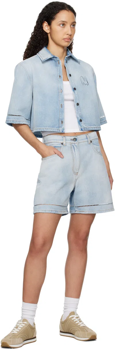 Msgm Light Blue Crop Shirt With Logo On The Front And Perforated Details In 85 Light Blue