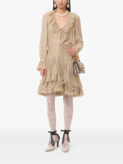 Valentino Lace-trimmed Ruffled Polka-dot Silk-chiffon Blouse In Neutrals