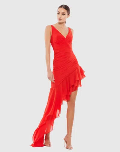 Mac Duggal Red Asymmetrical Ruffled V-neck Chiffon Dress In Red