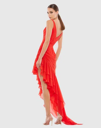 Mac Duggal Red Asymmetrical Ruffled V-neck Chiffon Dress In Red