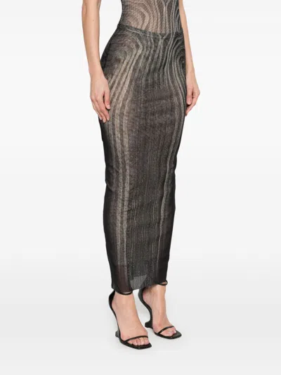 Jean Paul Gaultier Mesh Spiral Printed Long Skirt In Black