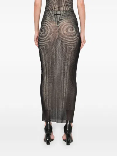 Jean Paul Gaultier Mesh Spiral Printed Long Skirt In Black