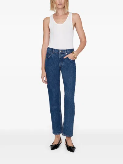 Anine Bing Straight-leg Denim Trousers With High Waist And Side Slits In Blue