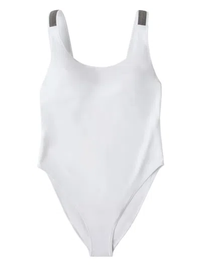 Brunello Cucinelli White Techno Jersey Precious Details One-piece Swimsuit In White