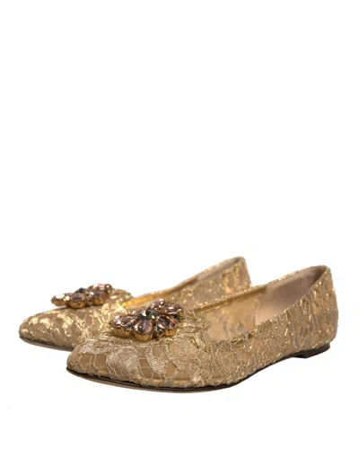 Pre-owned Dolce & Gabbana Gold Crystal Loafer Lace Ballet Flats Women's Shoes ()