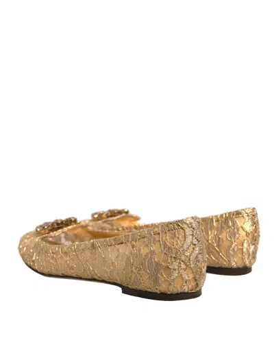 Pre-owned Dolce & Gabbana Gold Crystal Loafer Lace Ballet Flats Women's Shoes ()