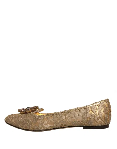 Pre-owned Dolce & Gabbana Gold Crystal Loafer Lace Ballet Flats Women's Shoes ()