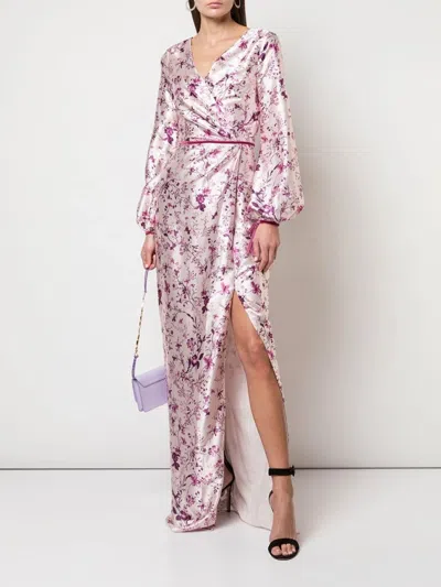 Marchesa Bishop Sleeve Floral Print Charm Gown In Blush
