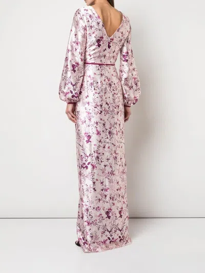 Marchesa Bishop Sleeve Floral Print Charm Gown In Blush