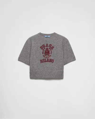 Prada Wool-cashmere Logo Sweater In Amaranth/grey