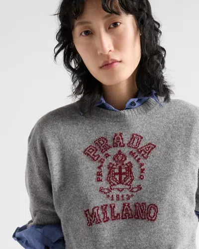 Prada Wool-cashmere Logo Sweater In Amaranth/grey